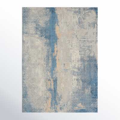 Rectangle Abstract Machine Woven Wool/Viscose Area Rug in Blue/Gray