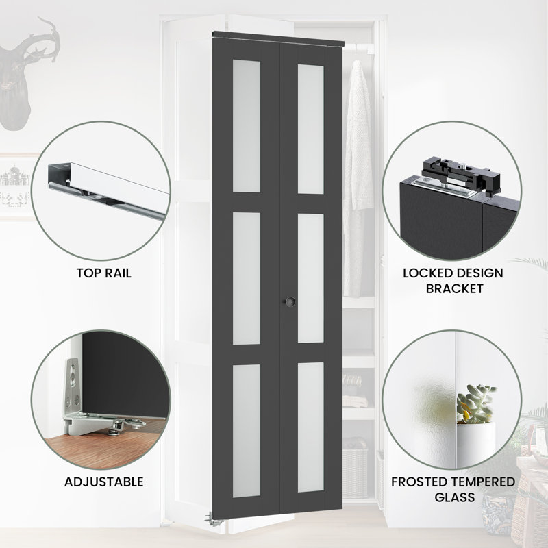 3-Lite 78" Frosted Glass Bi-fold Doors with Installation Hardware Kit for 80" Door Opening Height, 36" x 80"