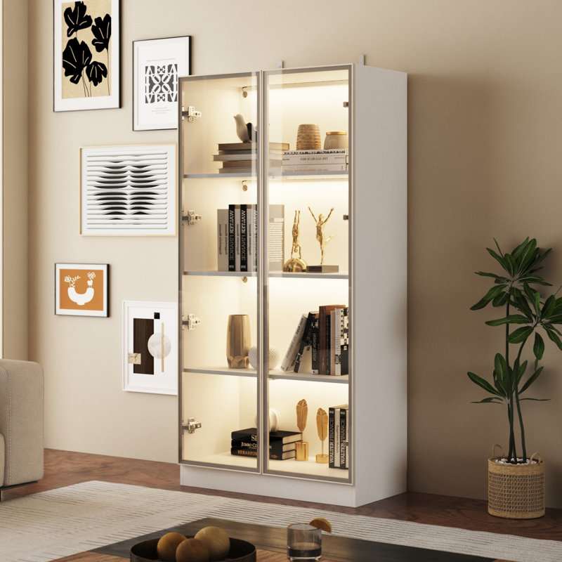 Display Cabinet with Glass Doors and Lights, Glass Display Cabinet with 4-Tier Storage Shelves, Pop-up Design, Trophy Case (80cm W x 40cm D x 160cm H)
