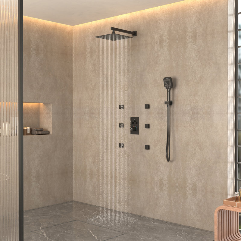 Système de douche thermostatique mural à 3 fonctions 12 pouces avec 6 jets corporels Revitalize, Noir mat