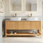 Meuble-lavabo 60 po, lavabo autoportant en contreplaqué avec 4 portes en bambou texturé et tablette ouverte, 2 lavabos en céramique à motif marbré et plateau en pierre frittée blanc de Carrare, couleur grain de bois
