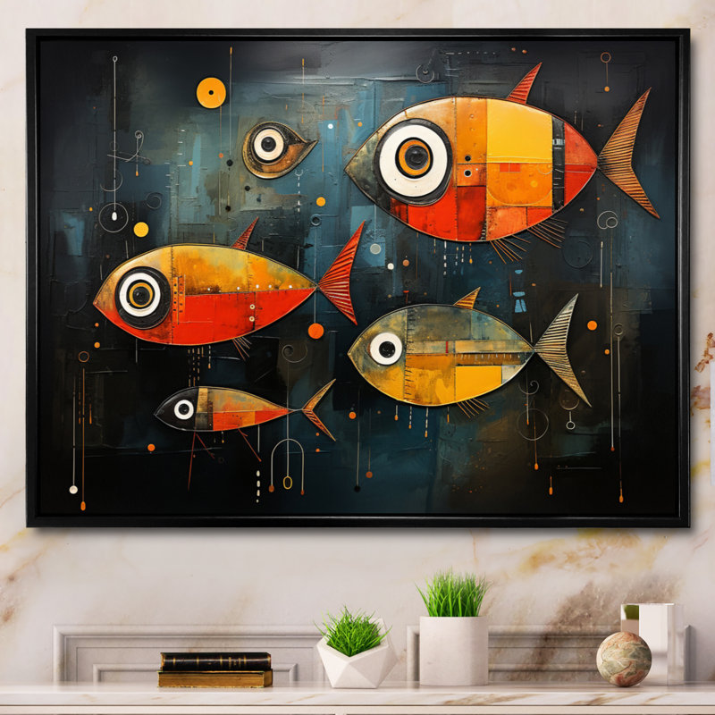 Attison Minimalisme - Collages de poissons III - impression, Cadre flottant noir, H 24 po x l 32 po x P 1 po