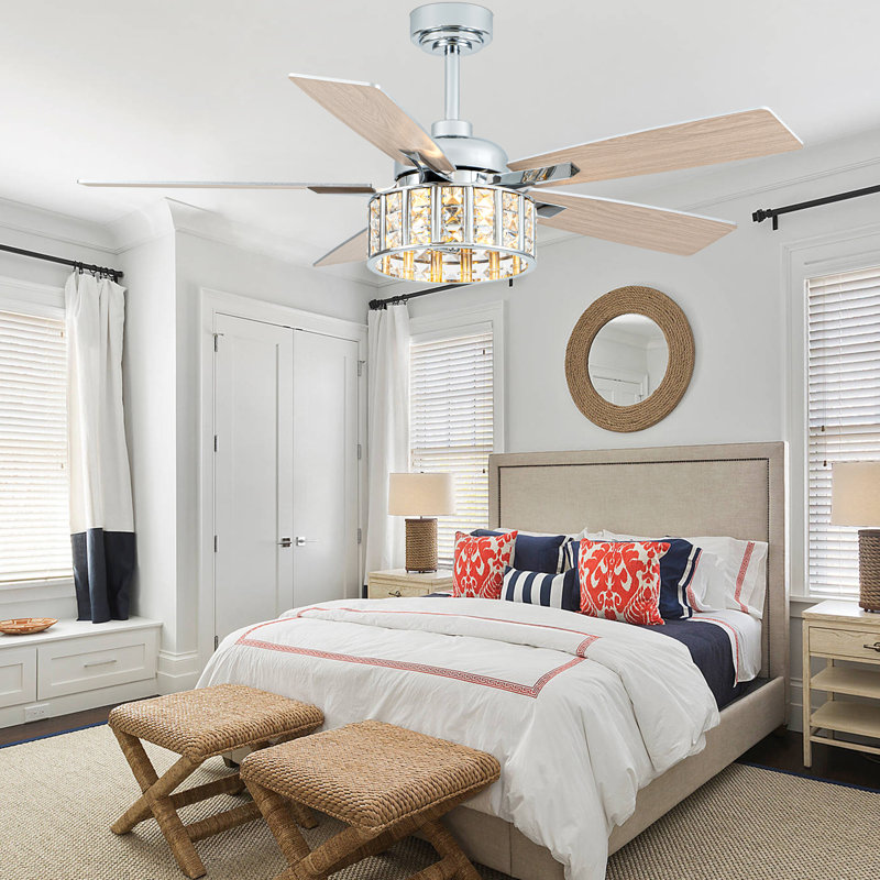 52 Inch Crystal Ceiling Fan With Light And Remote, Modern 6 Speeds Quiet Reversible DC Motor Chandelier Ceiling Fan
