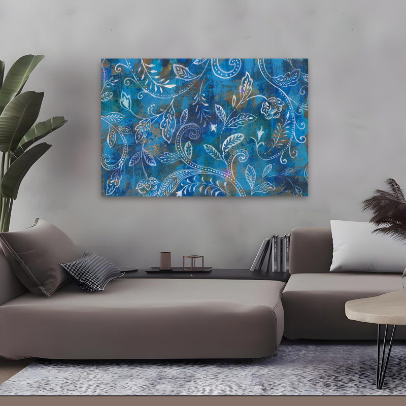 Élégance exotique I - art bohémien bleu à pois bohémiens, H 32 po x l 48 po