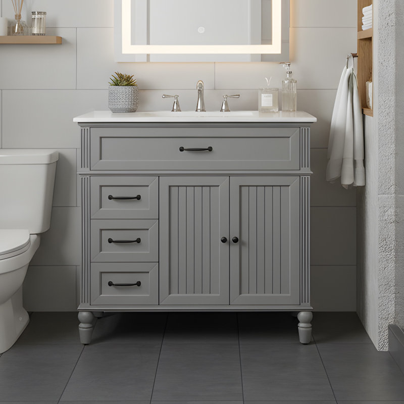 Meuble-lavabo 36 po avec lavabo en céramique, Gris