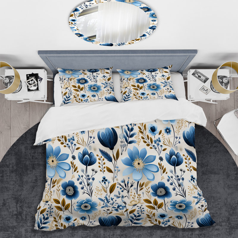 Ensemble de housse de couette Nordic Blue Bloom Scandinavian Floral III, Housse de couette pour grand lit et 2 taies décor