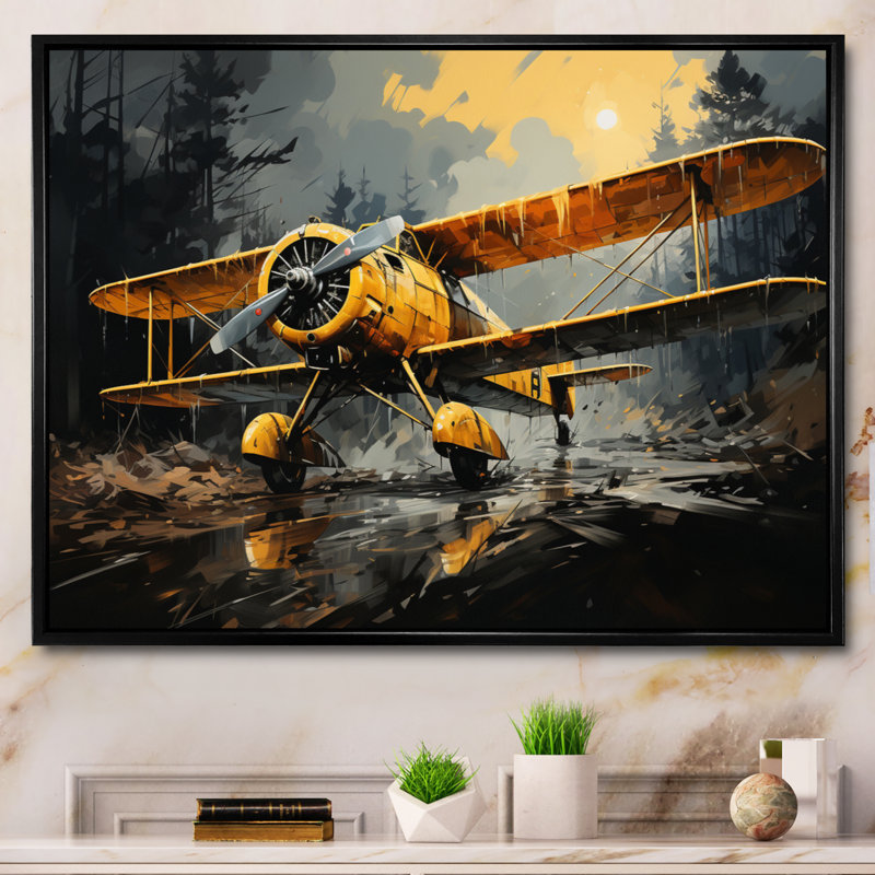 Avion jaune dans la forêt - impressions sur toile de transport, 34" H x 44" W, Black Picture Framed
