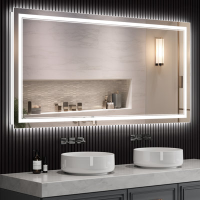 LED Lighted Bathroom Mirror: Front and Backlit, Tempered Glass, 3 Colors, Dimmable, CRI 90+, Defog