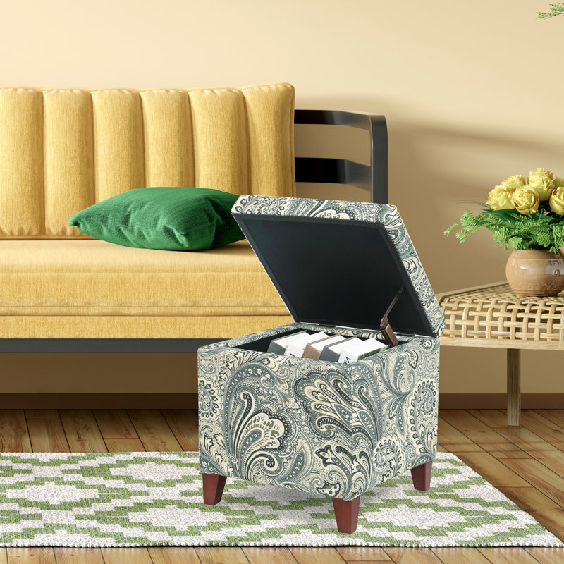 Samir Upholstered Ottoman, Blue Damask Linen, Brown