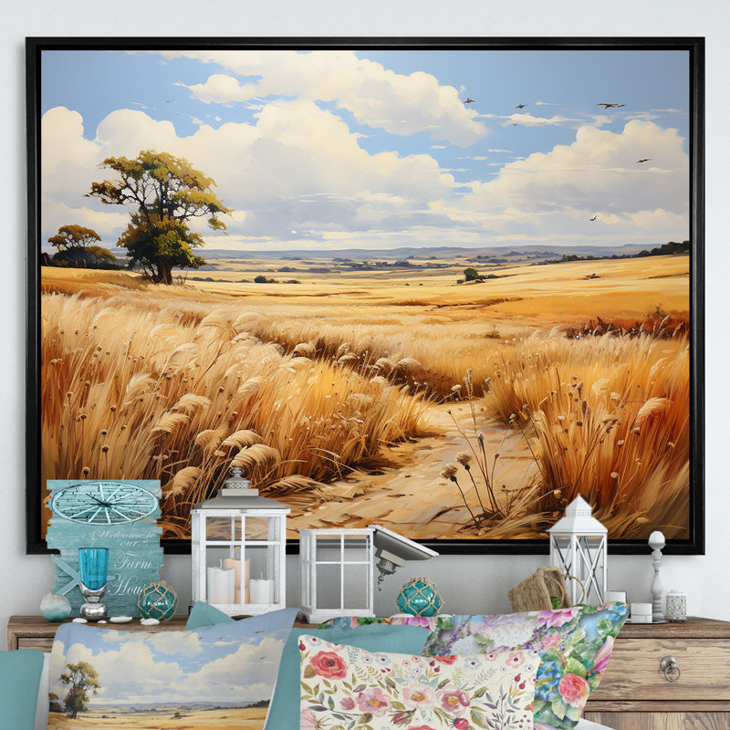 «Yellow Wheat Field Meadows II - Meadow», art mural, Cadre flottant noir, H 16 po x l 32 po x P 1 po