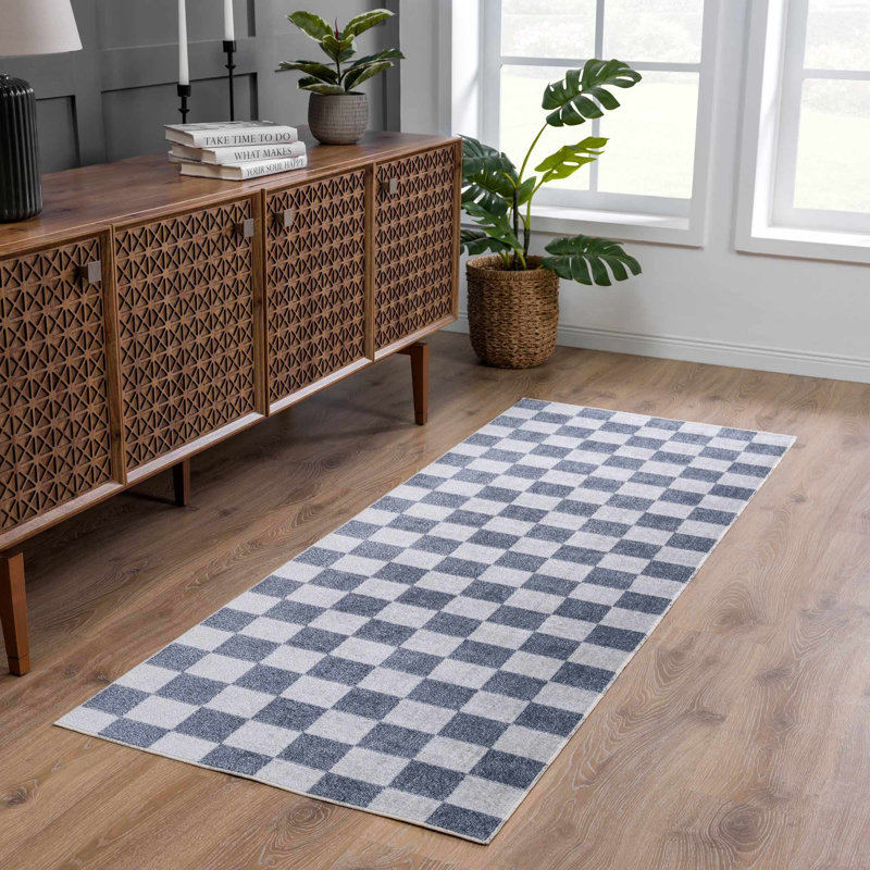 Brunetti Checkered Machine Woven Polyester Area Rug in Blue, Runner 2'7" x 7'3"