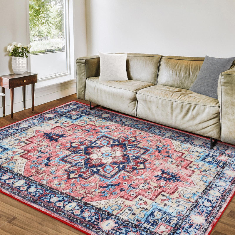 Tapis lavable Boho 4 x 6 médaillon rétro à imprimé floral antidérapant pour tapis d'entrée dans la chambre à coucher, salle à manger, bureau à domicile