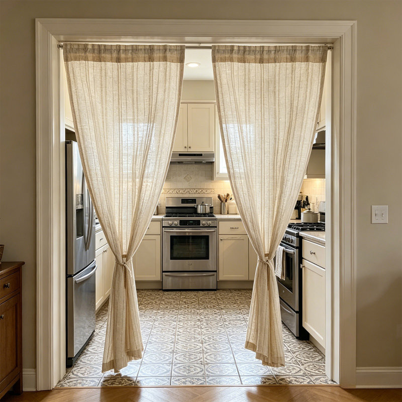 Rideau transparent en lin bohémien avec pampilles rayé semi-diaphane pour décor de maison de campagne