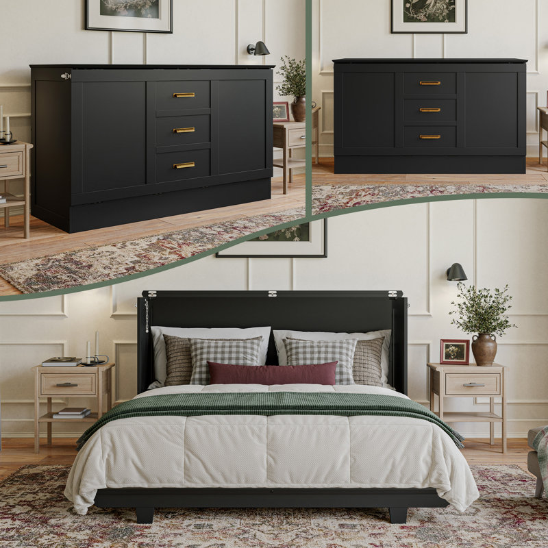 Charleston Wood Murphy Bed Chest with 6" Mattress, Black, Queen