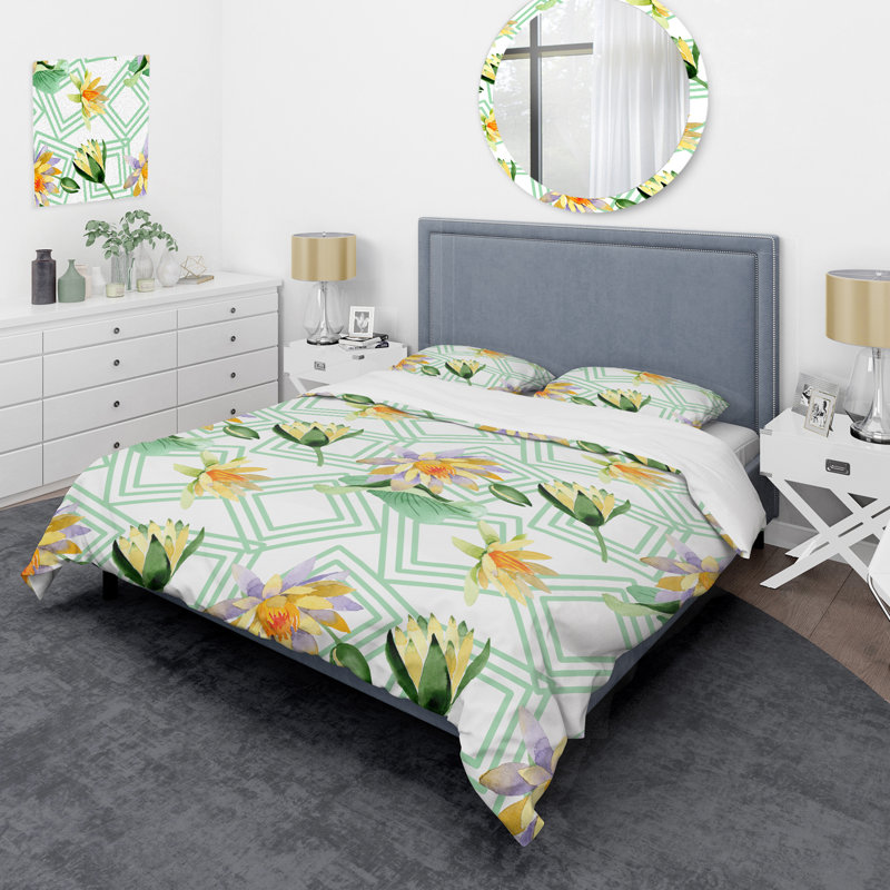 Ensemble de housse de couette Yellow Lotus Flowers - Cabin & Lodge, Housse de couette pour grand lit et 2 taies décor