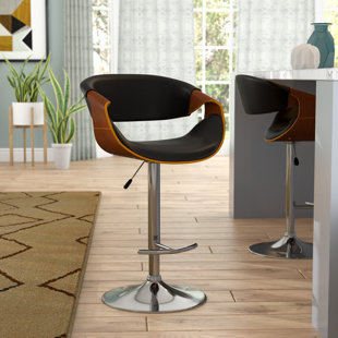 Alvin Swivel Adjustable Height Bar Stool with Pedestal Base in Faux Leather, Walnut Wood and Chrome