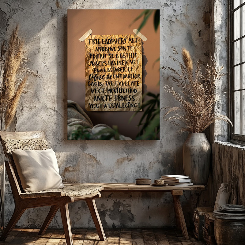 Toile, création d'une image d'une pièce de papier froissée texturée collée sur un mur de pêche doux et discret