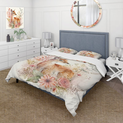 Cute Little Deer With Pink Flowers I - Animal Landscape Duvet Cover Set