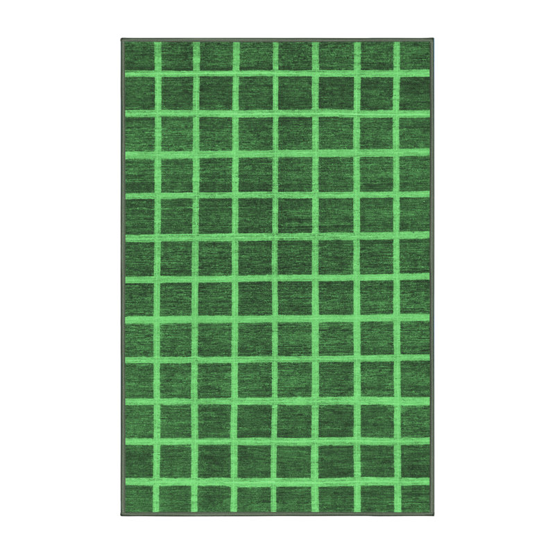 Tapis à carreaux en laine / polyester tissé à la machine en vert, Rectangle 2 pi x 3 pi