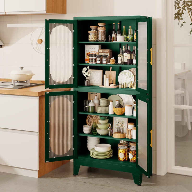 Metal Accent Storage Cabinet Tall with 4 Acrylic Glass Doors 4 Adjustable Shelves for  Kitchen, Laundry Room, Living Room
