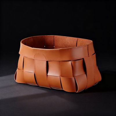 Orange-Brown, Small, Handwoven Leather Storage Basket For Clothes, Toys, Linens And Fabrics, Multi-Functional Designer Organizer For Stylish Home Decor
