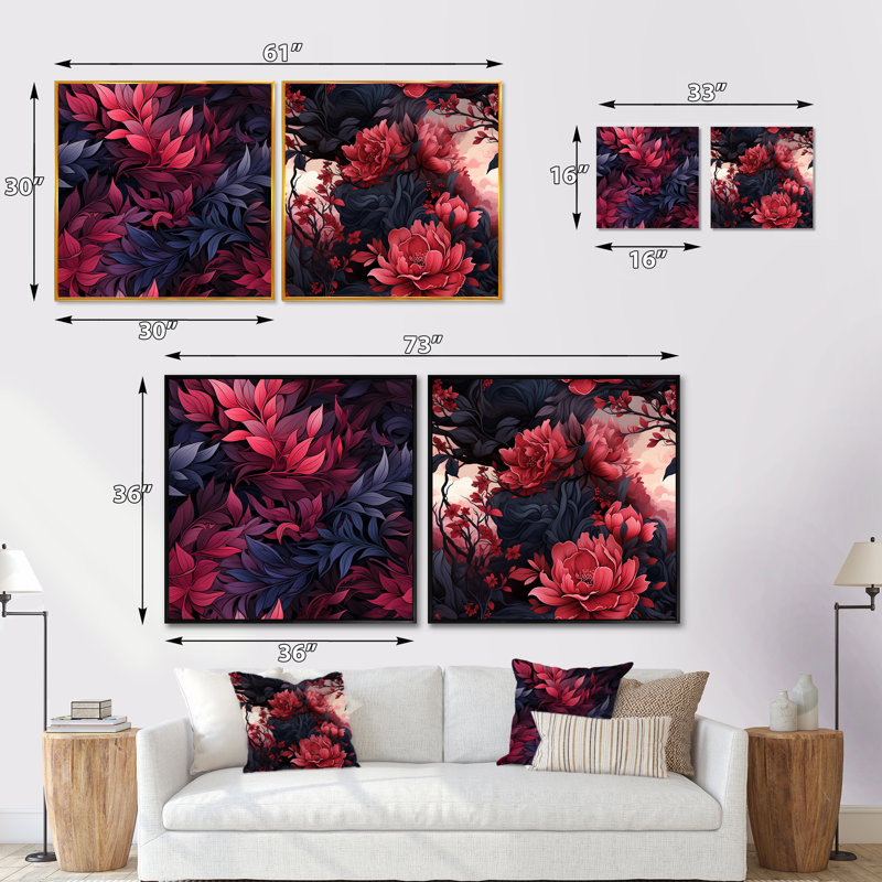 Yarber - Ensemble de 2 collages carrés botaniques abstraits, Cadre flottant noir, H 16 po x l 33 po