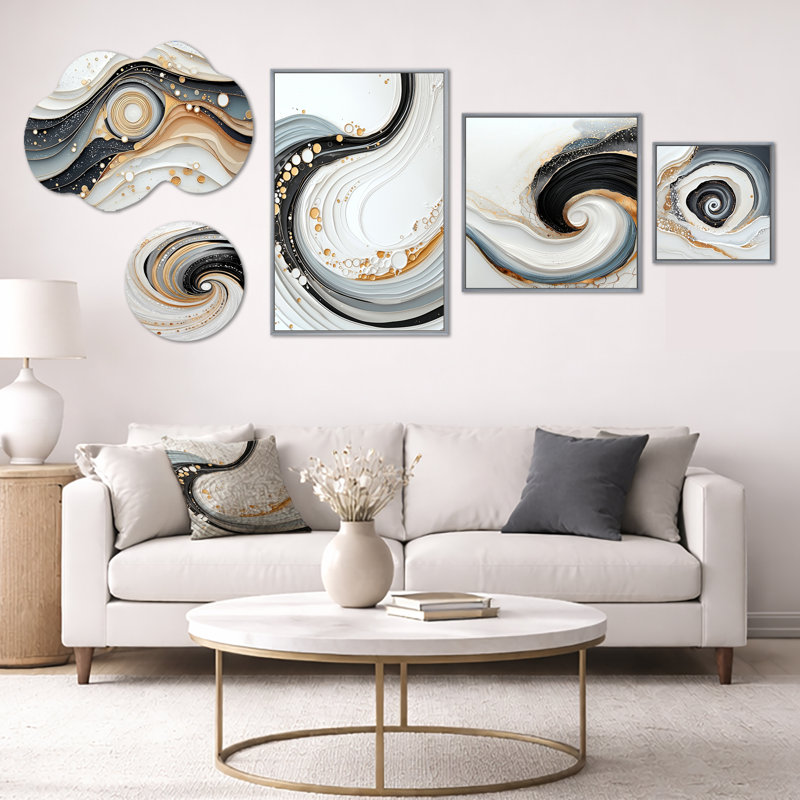«Minimal Abstract Spiral Soft Convergence», ensemble de 5 décorations murales minimalistes, métal et toile encadrée (100 po x 40 po)