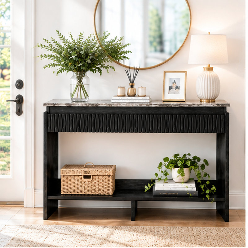 Console cannelée moderne avec tiroir, table d'entrée étroite de 117 cm (46 po) avec plateau en faux marbre, étagère de rangement et design mince pour salon ou couloir.