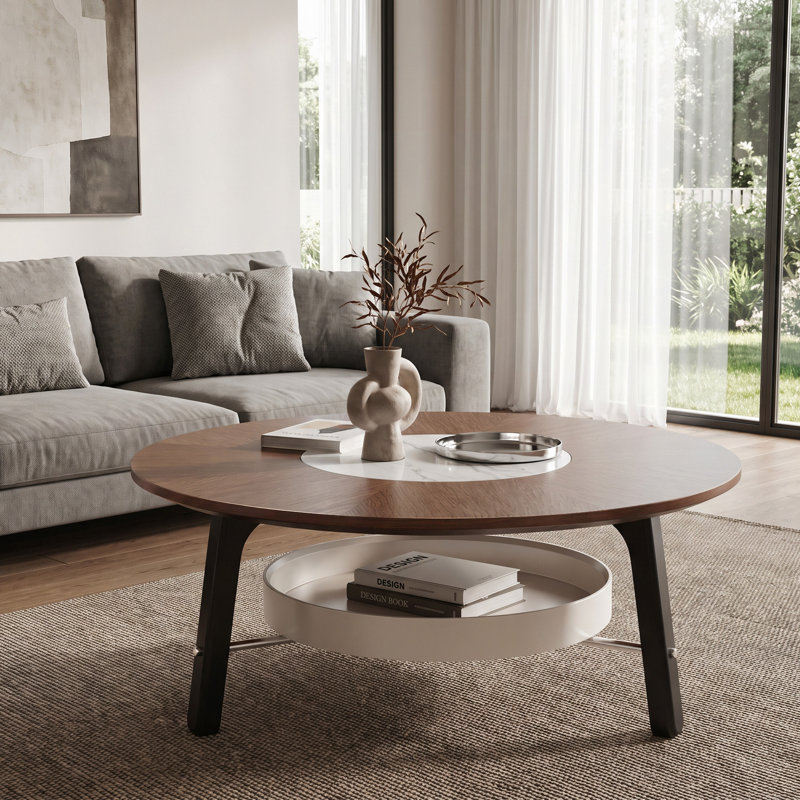 Table basse ronde avec tablette de rangement, incrustation de pierre frittée et pieds en bois massif, table de centre minimaliste moderne pour le salon, assemblage facile