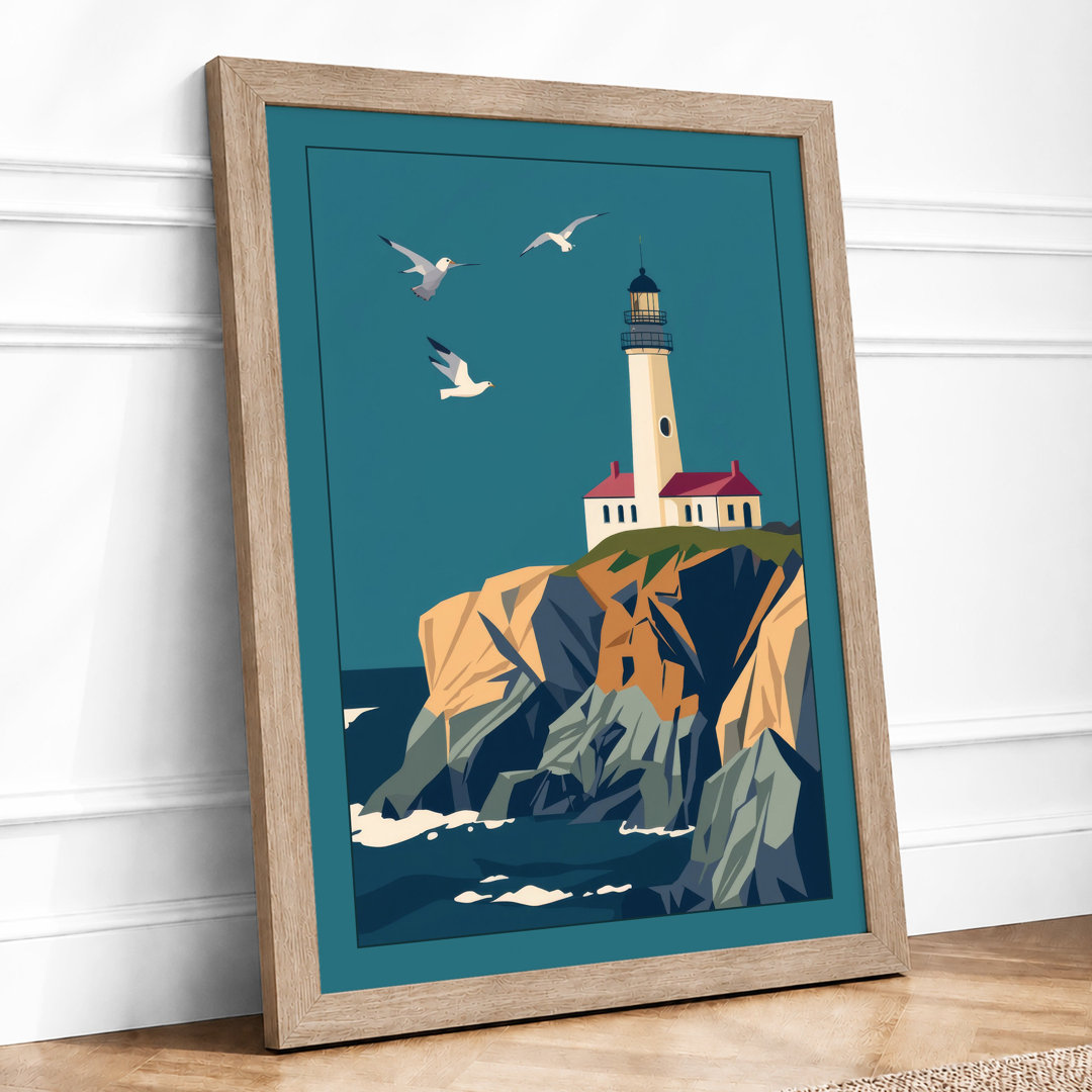Lighthouse at Rocky Shore Coastal - Framed Print