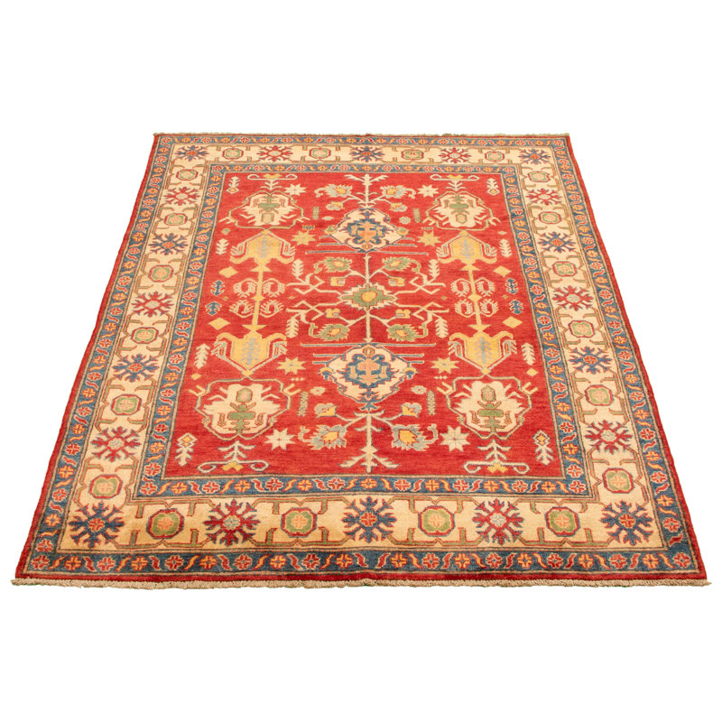 Tapis décoratif en laine rouge/beige en laine de conception unique 6 pi 1 po x 8 pi 2 po noué à la main new age finest