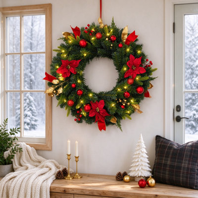 Grande couronne de Noël rustique de 24 po avec un arc rouge, des baies et des ornements rouges / dorés - Décoration festive intérieure / extérieure