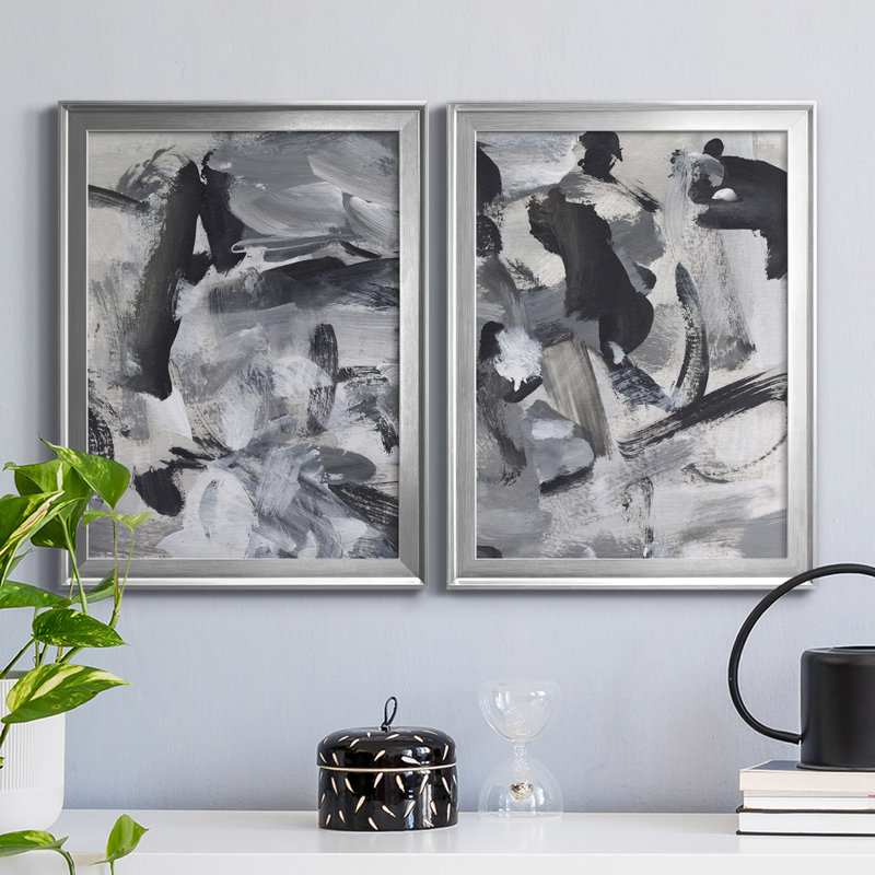 «Black and White Mix III», ensemble de 2 impressions sur toile encadrées, Cadre argenté, H 30,5 po x l 22,5 po x P 1,25 po