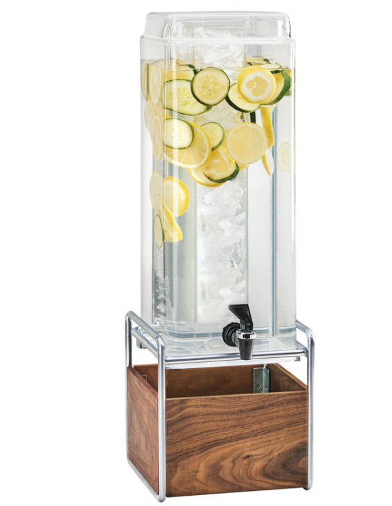 Mid-Century 3 Gallon Square Beverage Dispenser with Walnut and Base and Ice Chamber, Chrome