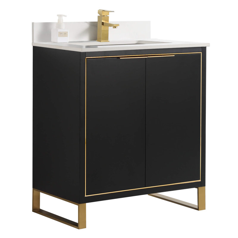 Gesell 30 " W Freestanding Standard 1 Single Vanity Bathroom Vanity With Stone Top, Black Matte, Satin Brass