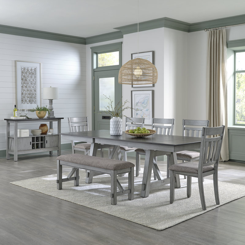 Ensemble de table de salle à manger à tréteaux extensible 6 personnes avec banc Ashby, 7 pièces: table, banc, 5 chaises