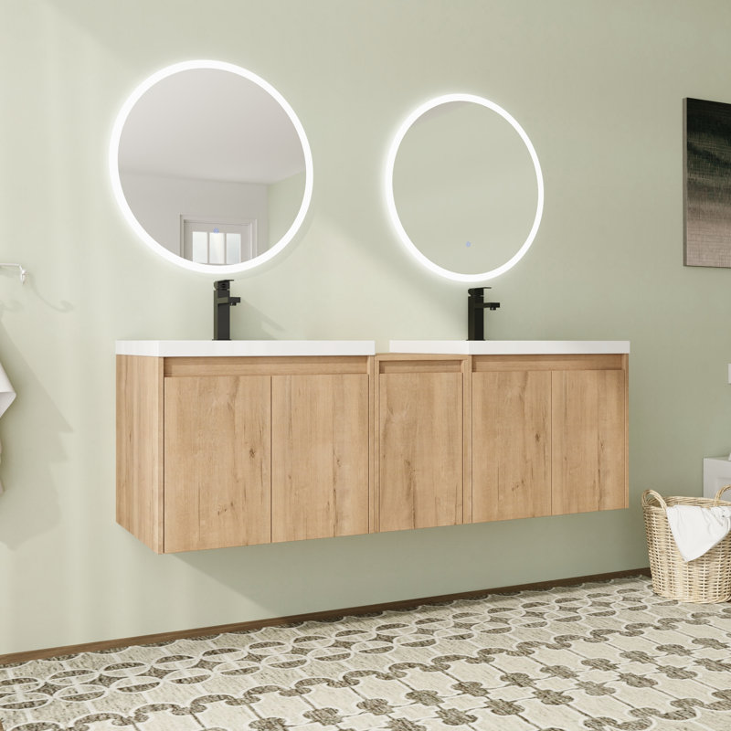 Meuble-lavabo flottant mural 60 po avec plateau en résine et portes à fermeture en douceur 60 po