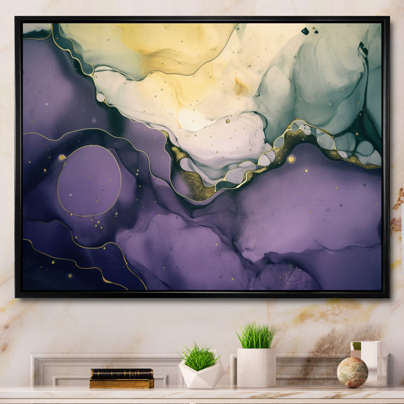 Encre de marbre mauve et grise mauve IV, reproduction sur toile, Cadre flottant noir, H 16 po x l 32 po x P 1 po
