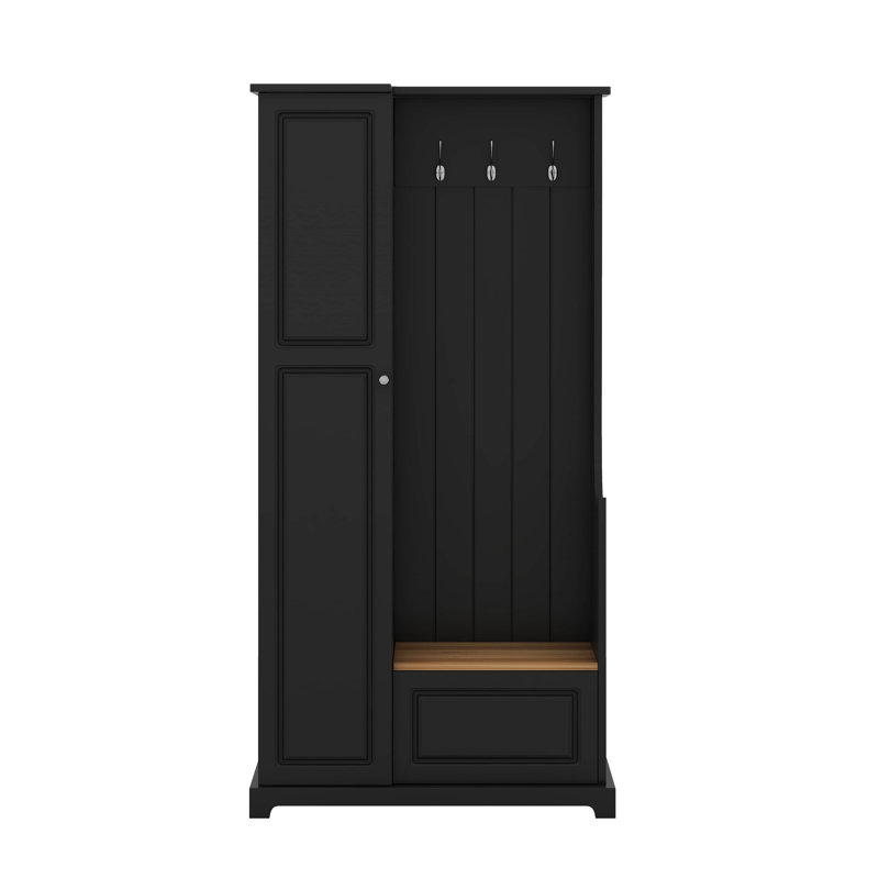 Arbre d'entrée élégant avec banc rabattable, armoire à chaussures minimaliste avec tablettes réglables, Noir