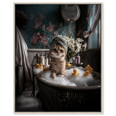 Bubble Baby I Framed Canvas Print Bathroom Wall Decor by Art Remedy, Silver Frame, 30 x 36