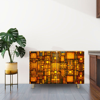 Sideboard Buffet Cabinet with Storage Gold stained glass window Geometric stained glass Art Deco abstract with 2 Doors for Living Room and Kitchen