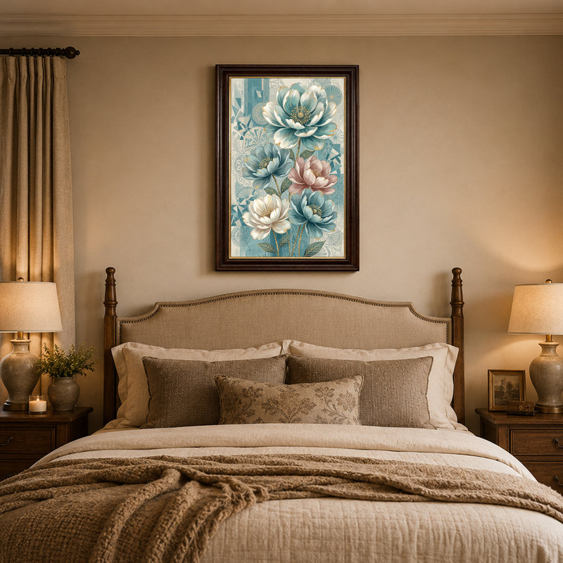 Toile murale représentant des pivoines turquoise, blanches et roses avec des accents dorés, H 24 po x l 16 po