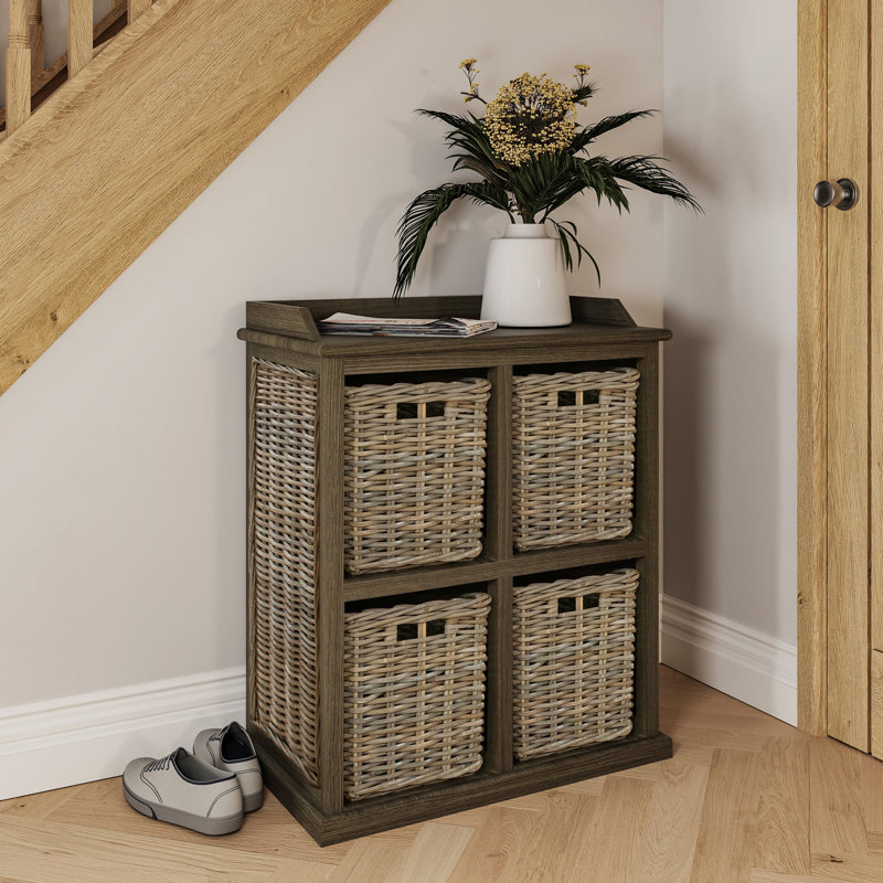 Aliyaha 4 Drawer Hallway Storage Unit. Handmade Kubu Rattan Storage Baskets, Grey Wash