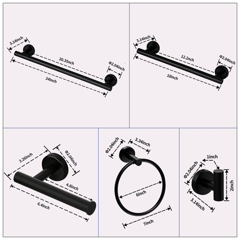 Bathroom Hardware Set, 7" H x 24" W x 3.34" D, Matte Black