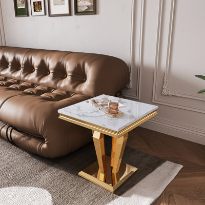 22.8" End Table With Faux Marble Top & Stainless Steel Frame