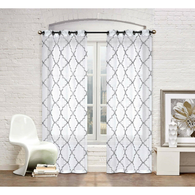Lillias Fine Lattice Clover Designed Matte Trellis Geometric Sheer Grommet Curtain Panels, Gray