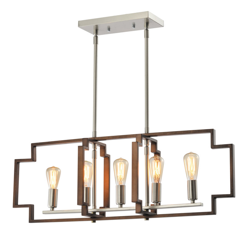 Lustre carré / rectangulaire en fer forgé à 5 lumières de style lanterne / îlot de cuisine Bartow, Grain de bois / nickel