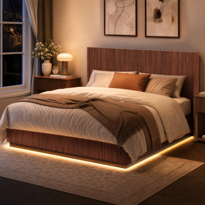 Cadre de lit grand format avec lumières DEL RVB, tête de lit courbée moderne en bois, lit plateforme silencieux avec support en métal robuste, aucun sommier tapissier requis, noyer