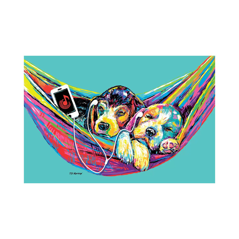 Couple hamac turquoise par P.D. Moreno - peinture sur toile tendue, H 18 po x l 26 po x P 1,5 po