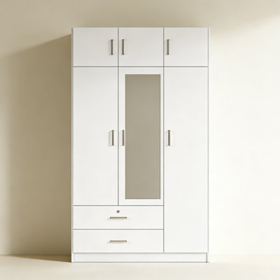 3-Door Mirror  Wardrobe with 2 Drawers and Top Cabinet